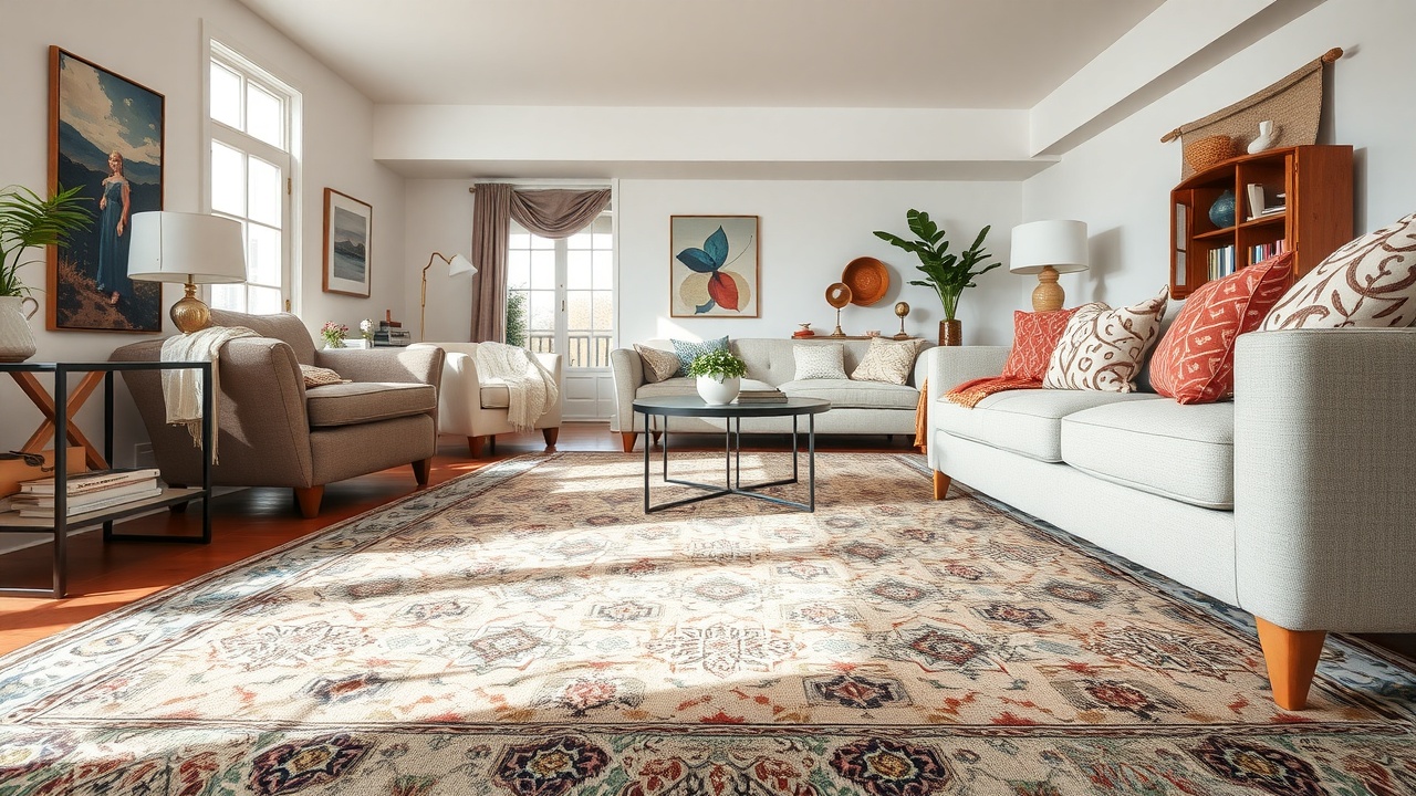 Covor de dimensiune corectă în living cu toate piesele de mobilier pe el