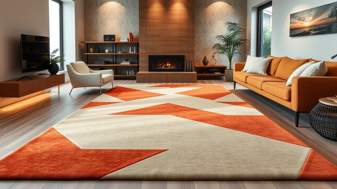 Covor living în culori tendință 2026 cu model geometric terracotta și verde