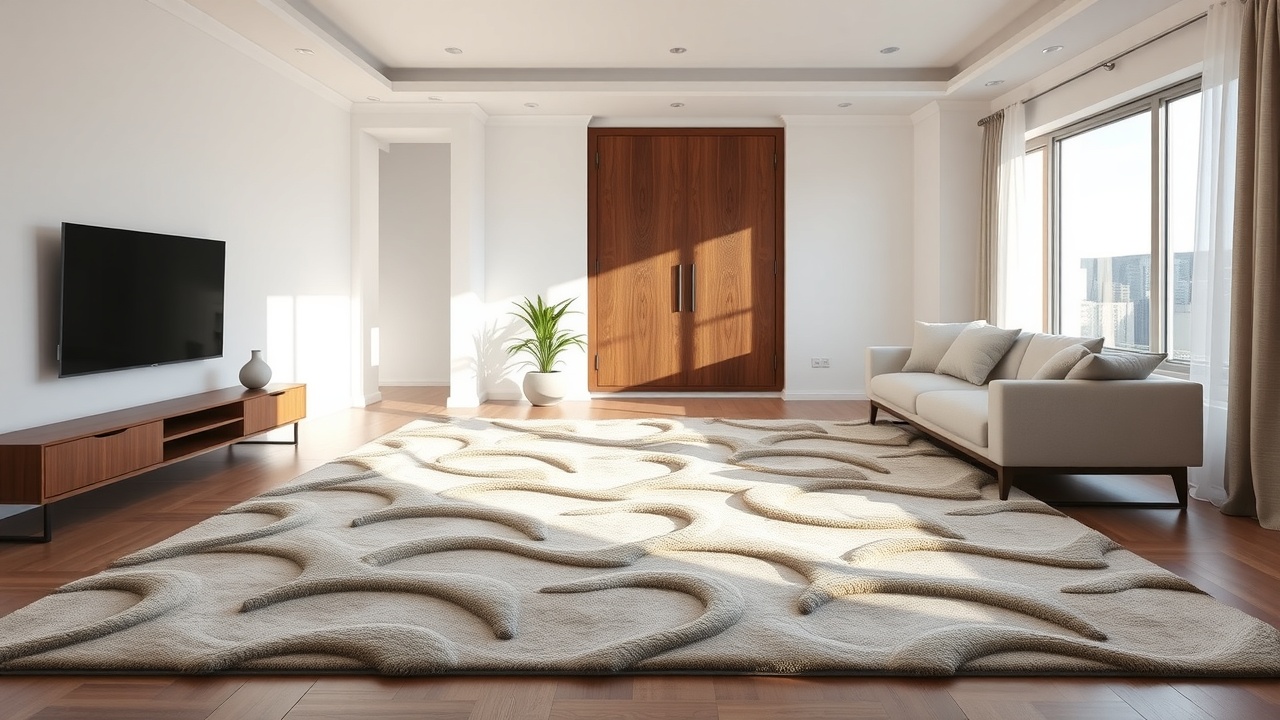 Covor 3D living ales ca element decorativ focal într-un living minimalist