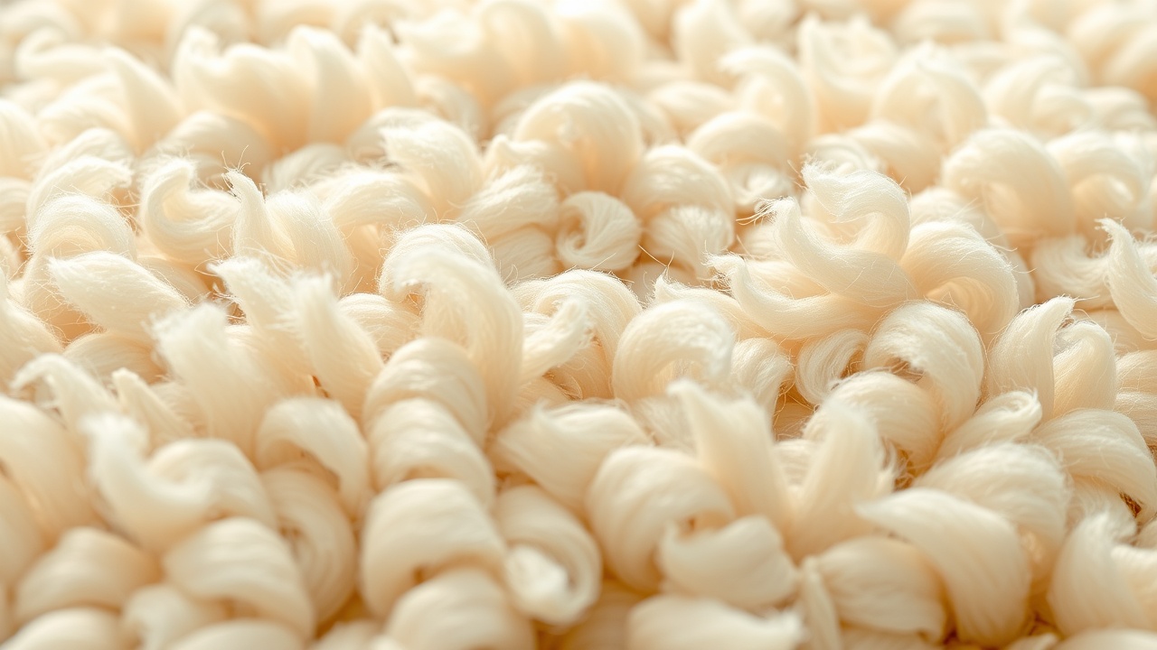 Detaliu textură covor alb din lână cu fibre dense și luciu natural