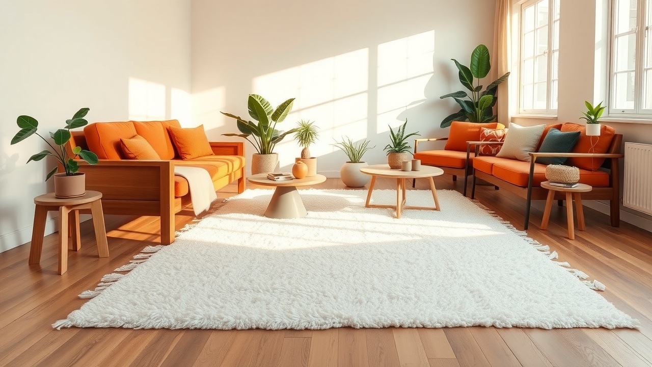 Covor alb în amenajare minimalistă cu accente terracotta și lemn natural