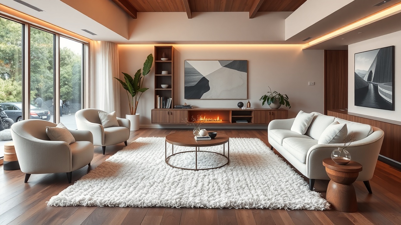 Covor alb în living contemporan cu mobilier curbat și elemente biophilic, tendințe 2026