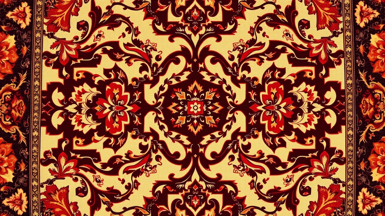 Detaliu ornament floral și simetrie axială pe un covor clasic