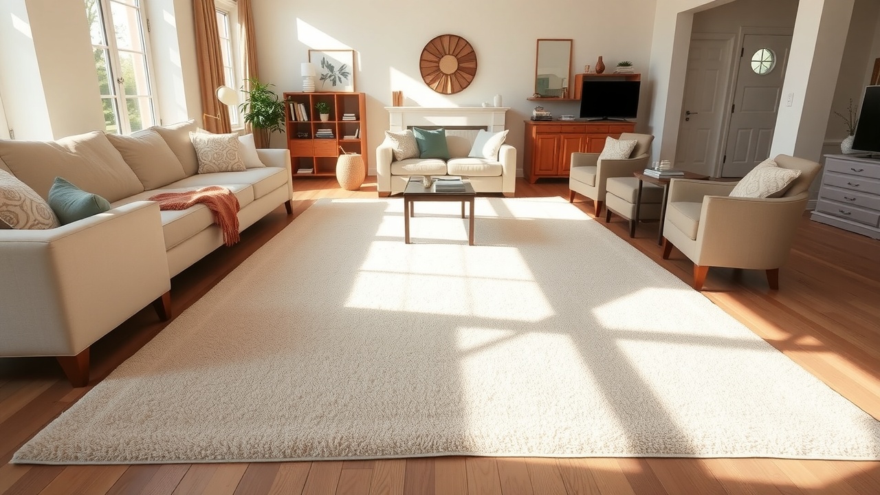 Covor crem mare 200x300 în living spațios care ancorează zona de canapea