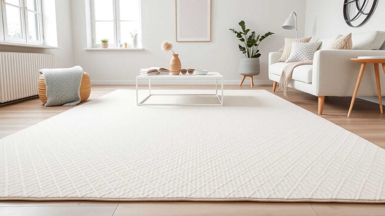 Covor crem cu model geometric discret în living scandinav minimalist