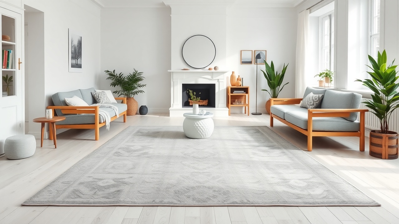 Covor gri clasic în living scandinav, culoare rezistentă pe termen lung
