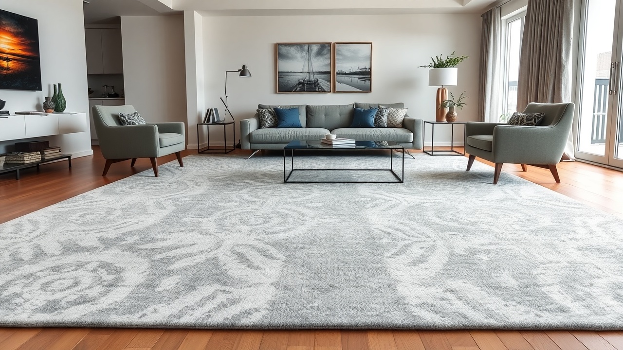 Covor gri mare cu model tonal discret care extinde vizual livingul