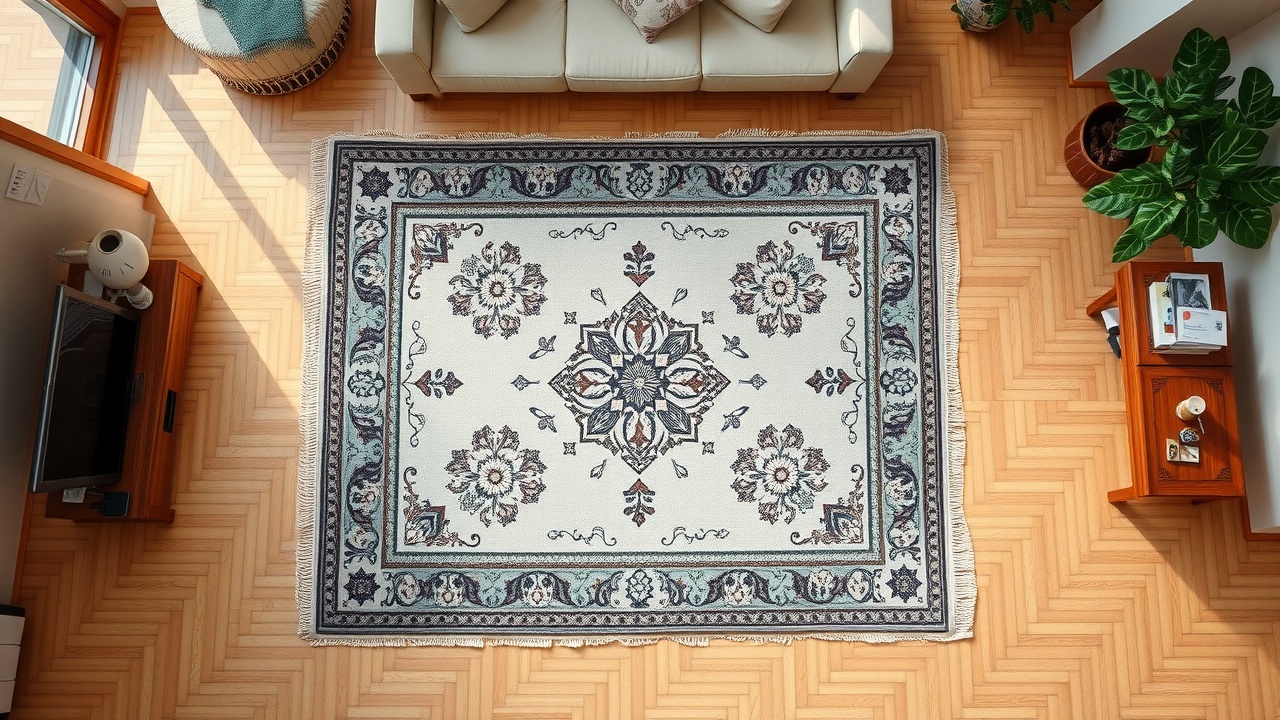 Vedere de sus a covorului 200x300 cm cu margine liberă de podea în living mediu