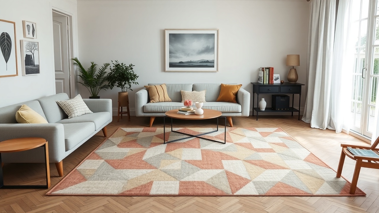 Covor 200x300 cm cu model geometric în nuanțe neutre într-un living scandinav