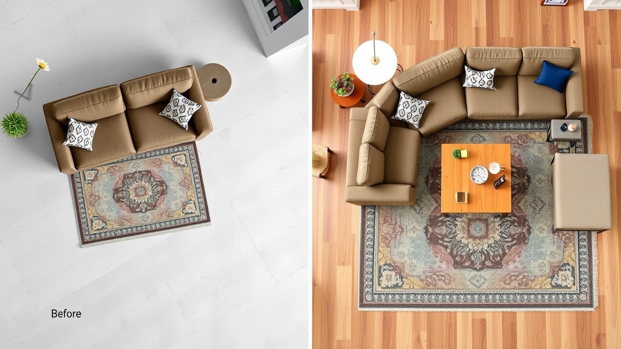Comparație covor prea mic față de covor 200x300 cm corect dimensionat în living