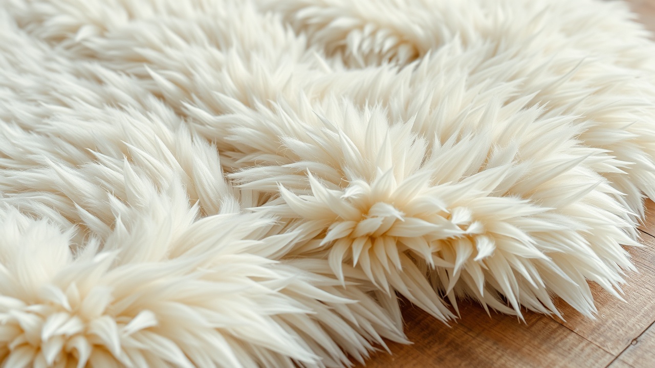 Detaliu fibre lungi ale unui covor faux fur crem — textură densă de blană artificială