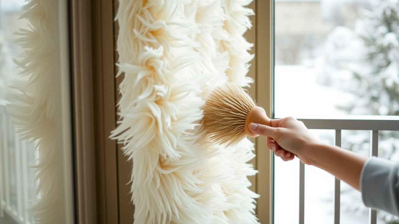 Covor din blană artificială alb-fildeș scuturat și periat pe balcon pentru curățare corectă