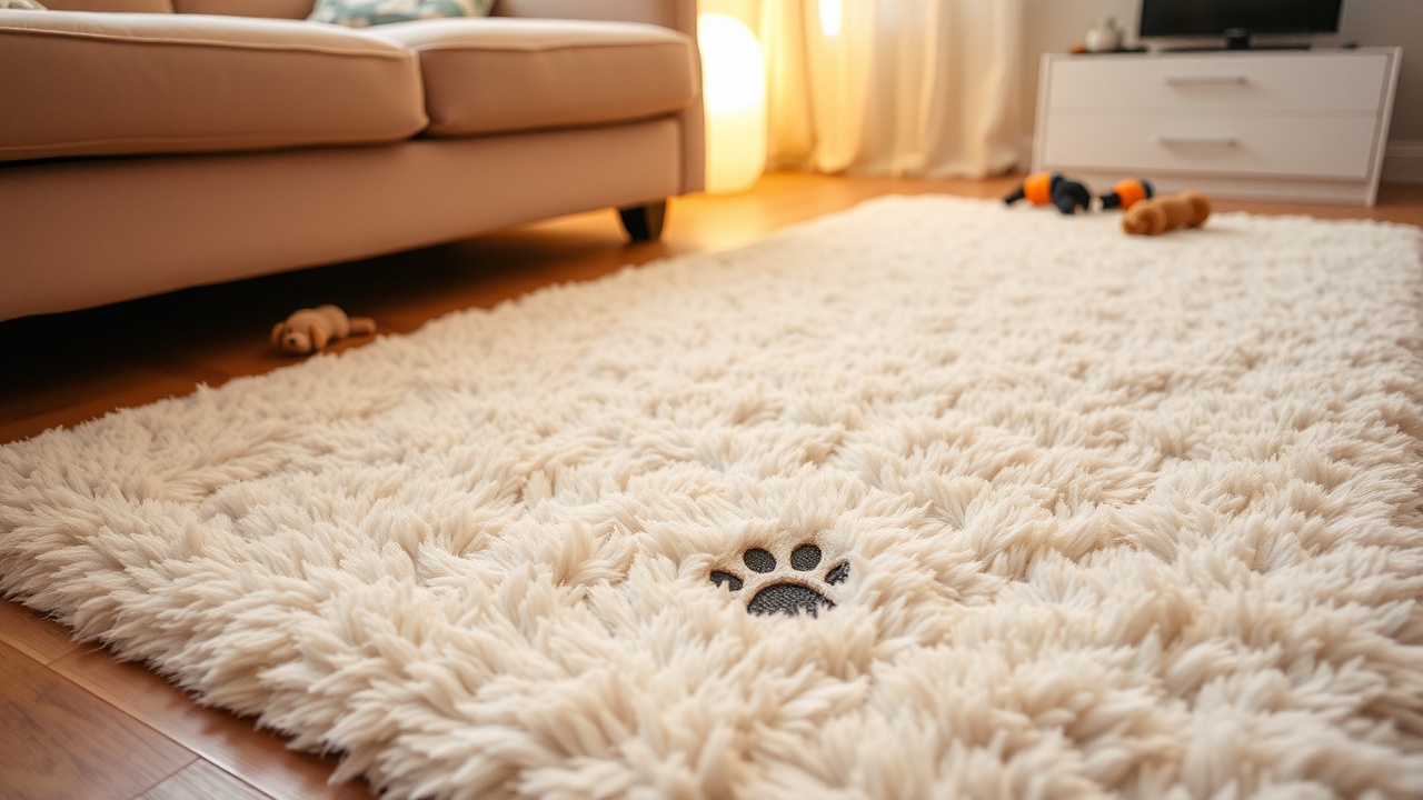 Covor living din blană artificială bej cu urme de lăbuțe și jucării de animale de companie
