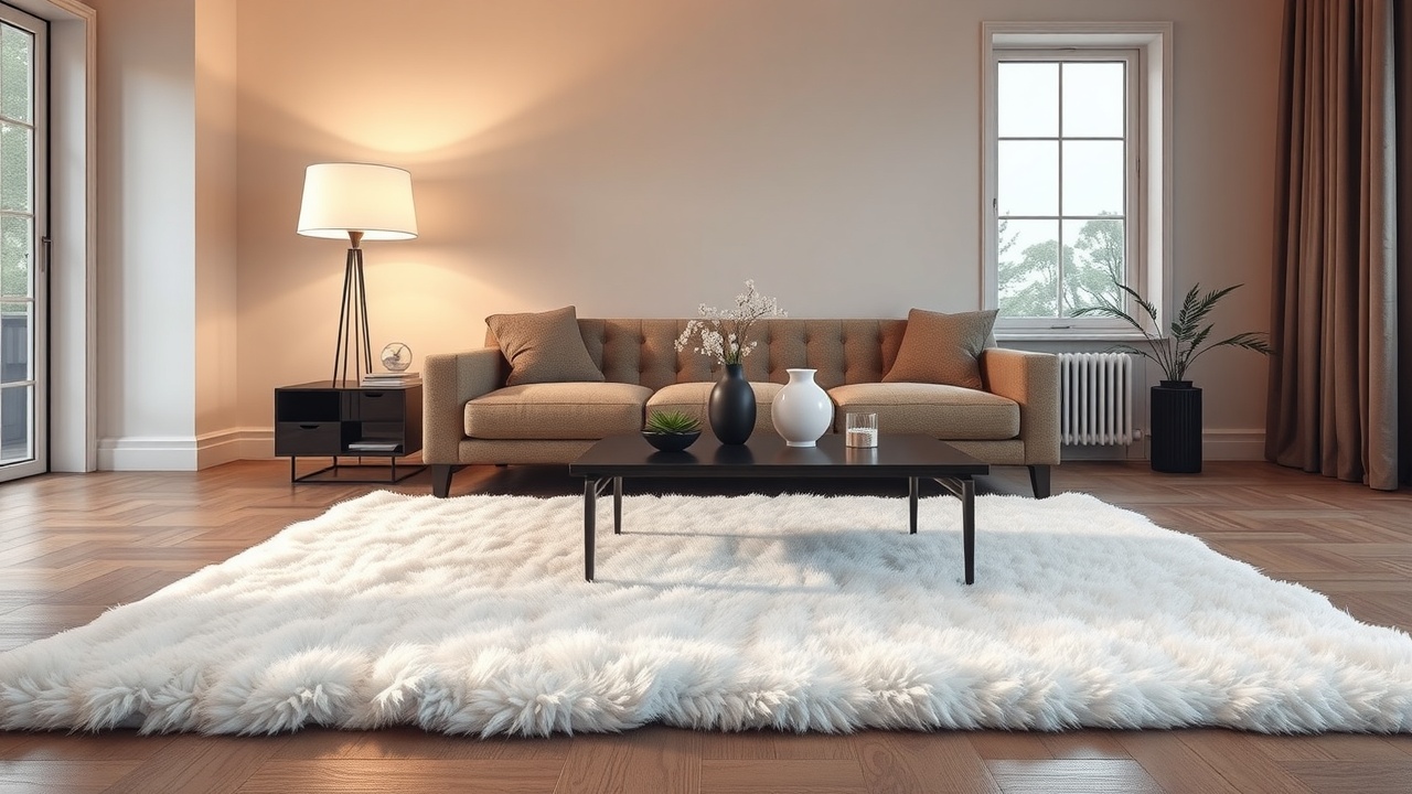 Covor living mare din blană artificială alb-murdar ca piesă centrală într-un living minimalist modern