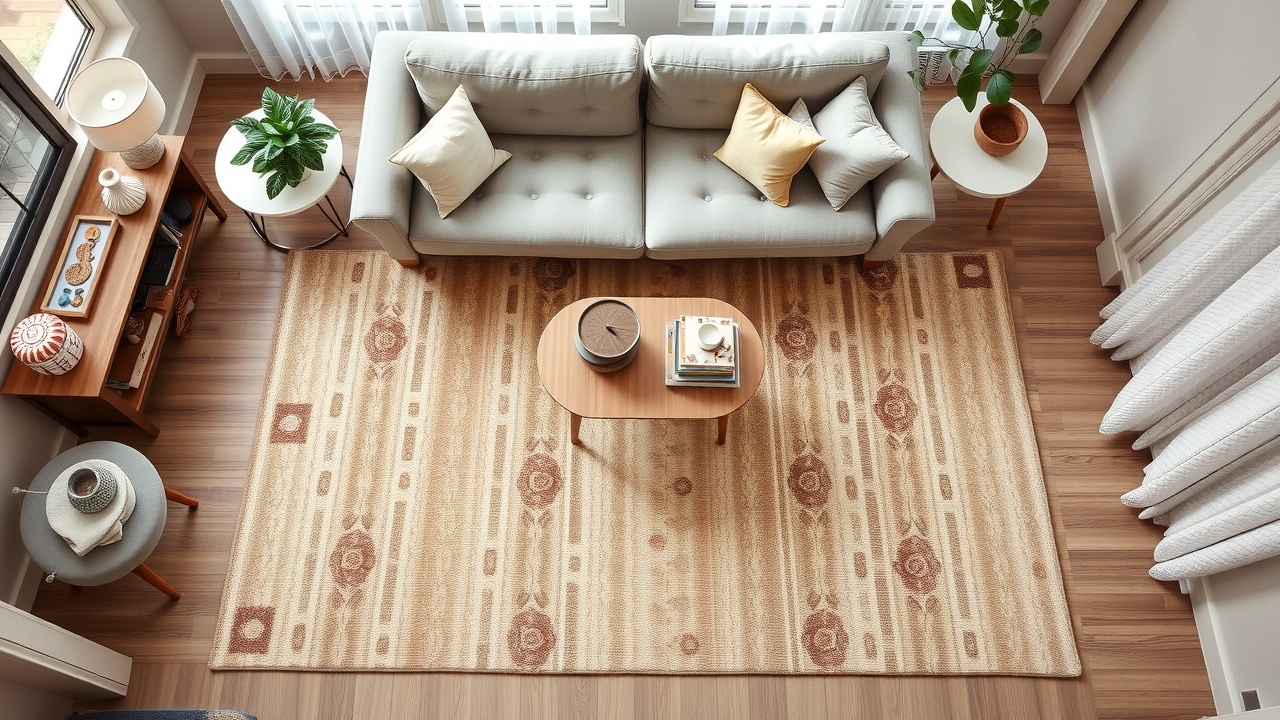 Covor living 160x230 cm poziționat corect sub canapea și masă