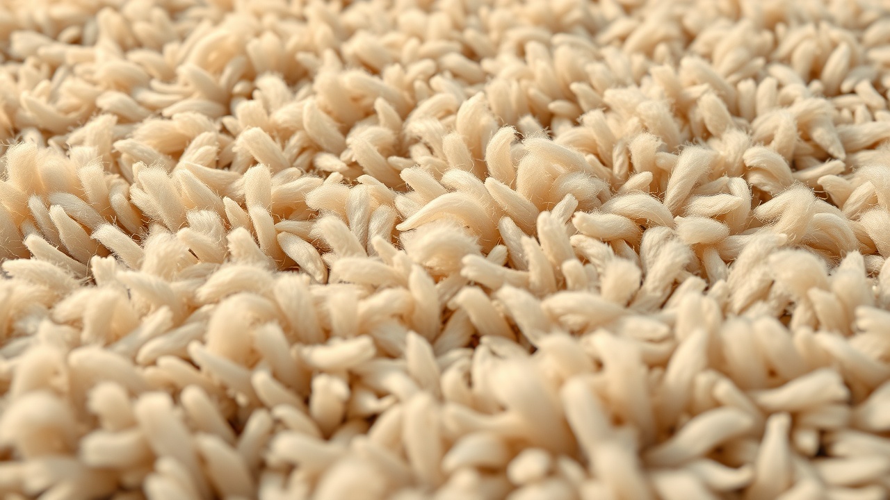 Detaliu macro al pilei unui covor modern din lână, densitate smocuri vizibilă