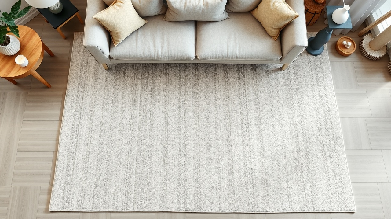 Vedere de sus covor lână dimensiune 200x300 cm în living românesc cu mobilier