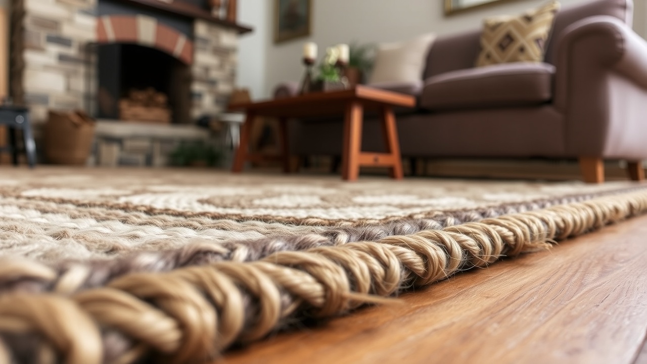 Covor rustic din lână groasă definind zona de living, cu parchet vechi și șemineu din piatră în fundal
