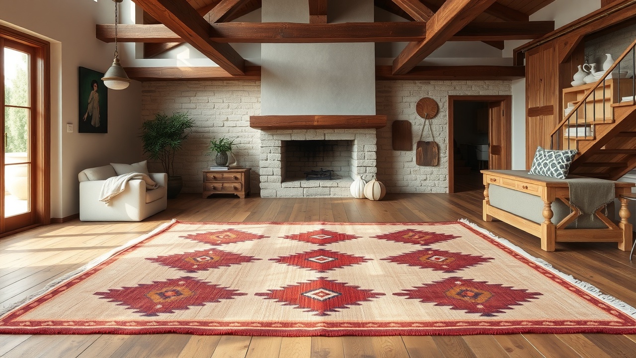 Covor kilim cu motive geometrice în nuanțe de rugină și crem, stilul potrivit pentru un interior rustic