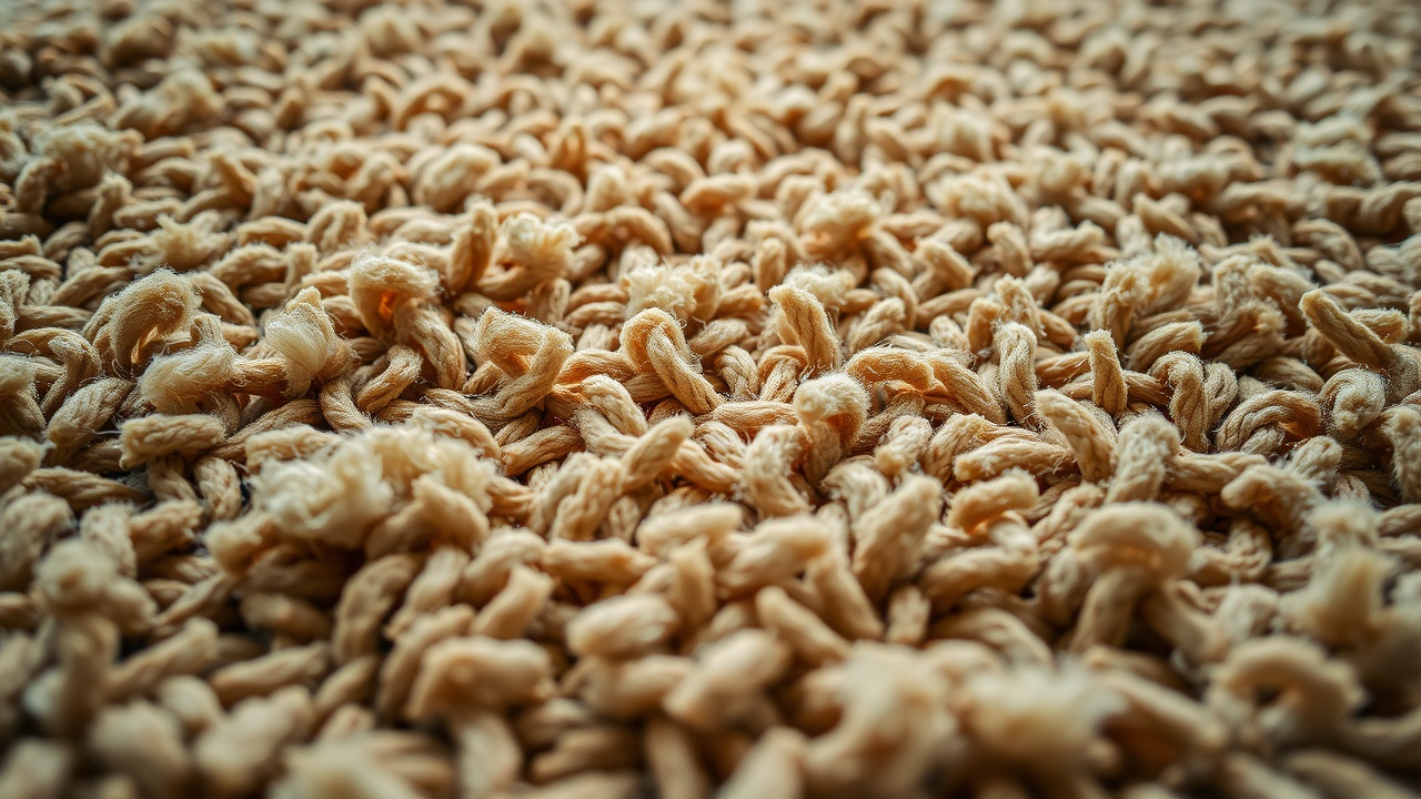 Detaliu textură covor rustic din lână naturală și iută, materiale autentice pentru living rustic
