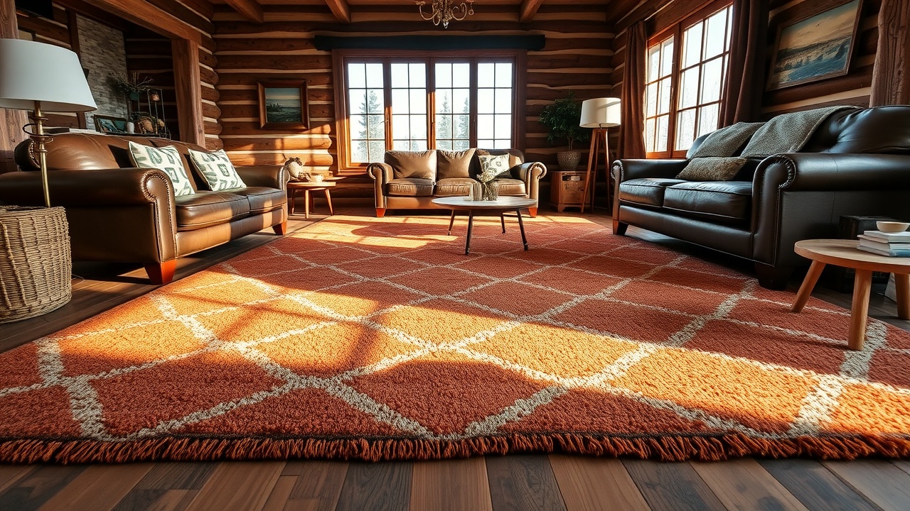 Covor living rustic cu tipar în diamant în culori de teracotă, cărbune și fildeș, completând un interior cu bușteni și c