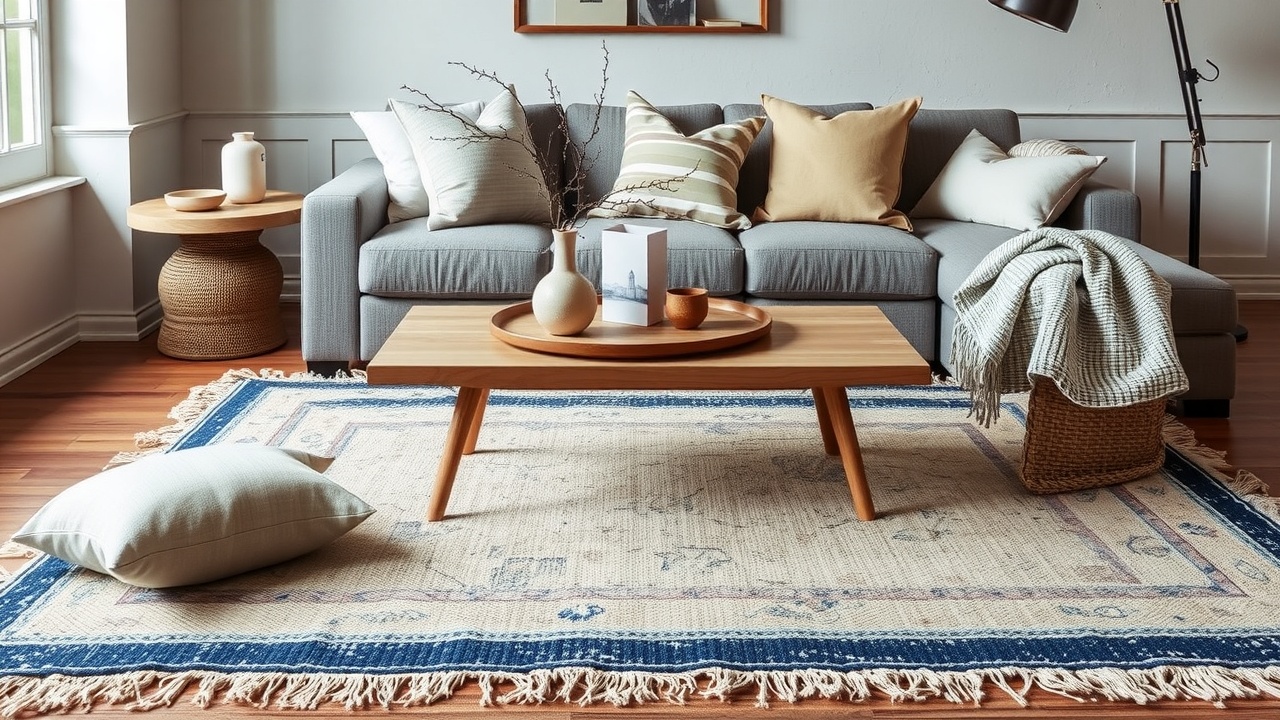 Covor living rustic combinat armonios cu mobilier din lemn, perne de in și accesorii ceramice într-un interior coerent