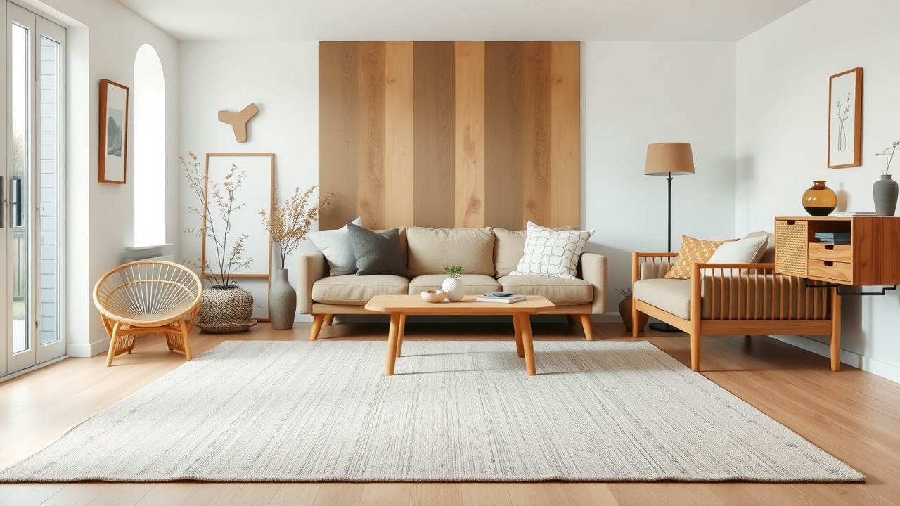 Covor modern scandinav pentru living în bej și gri cald, stil minimalist cu mobilă din lemn natural