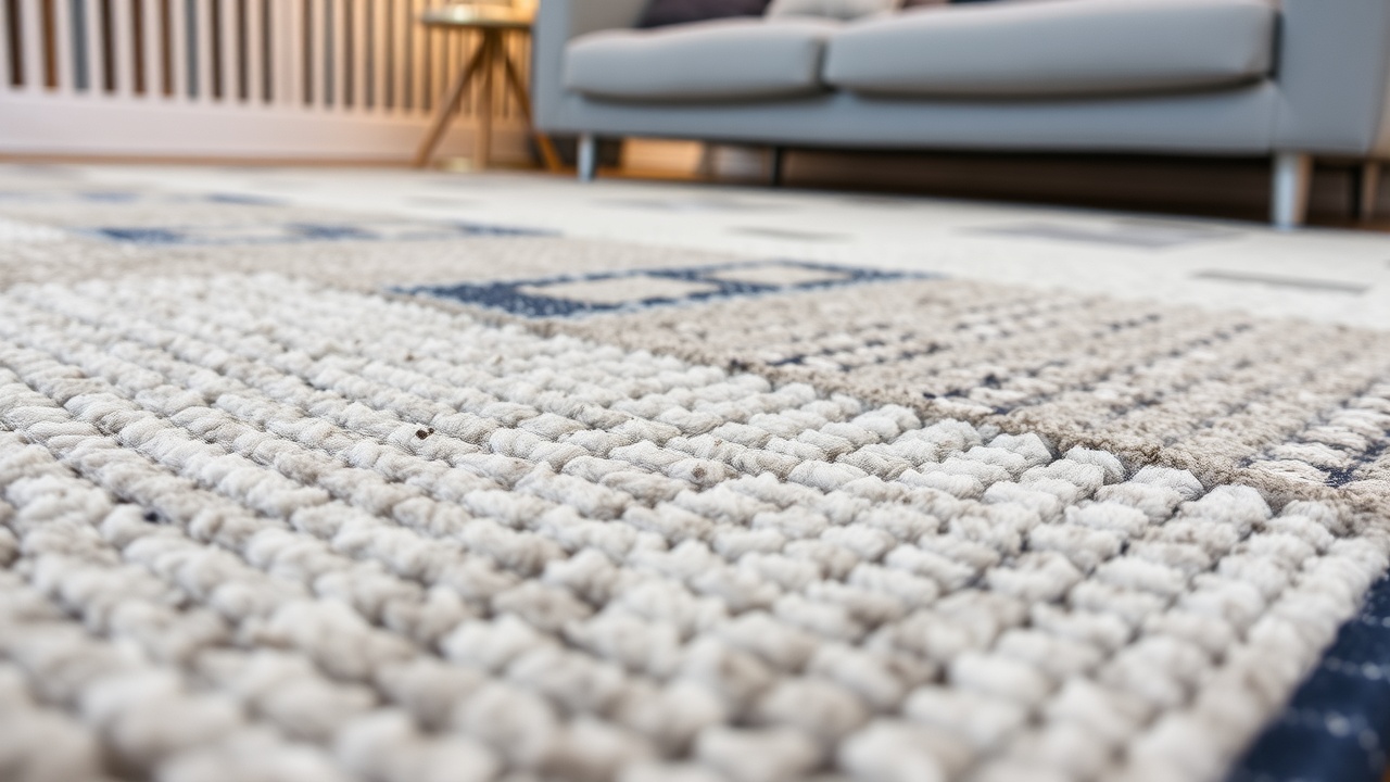 Detaliu textură covor modern pentru living din lână și bumbac, cu relief geometric subtil
