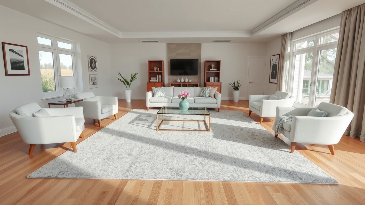 Covor modern pentru living în dimensiuni corecte, cu picioarele mobilierului ancorate pe suprafața covorului
