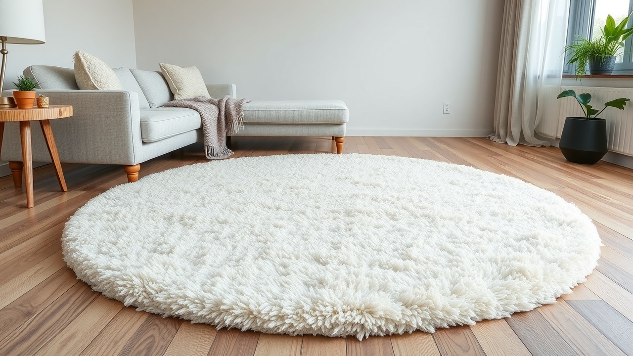Covor pufos rotund mare pentru living cu canapea
