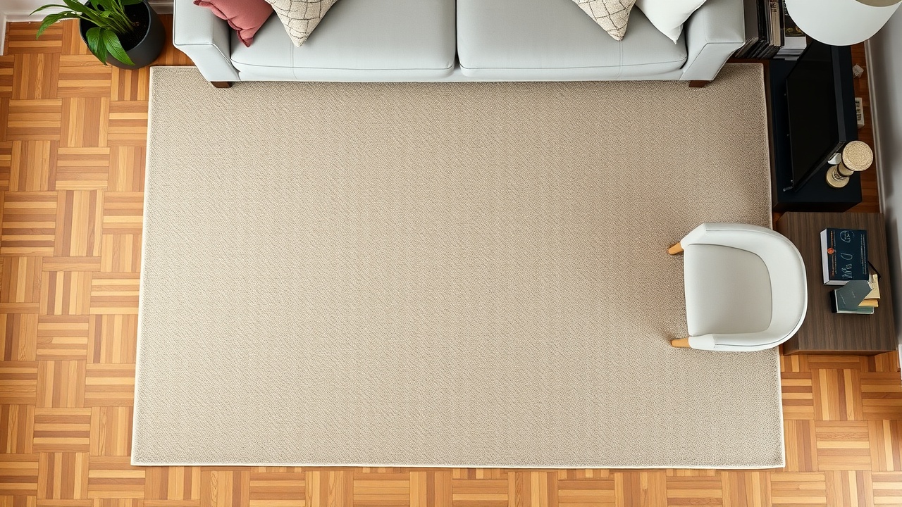 Covor 200x300 cm care acoperă zona de ședere într-un living de 20 mp