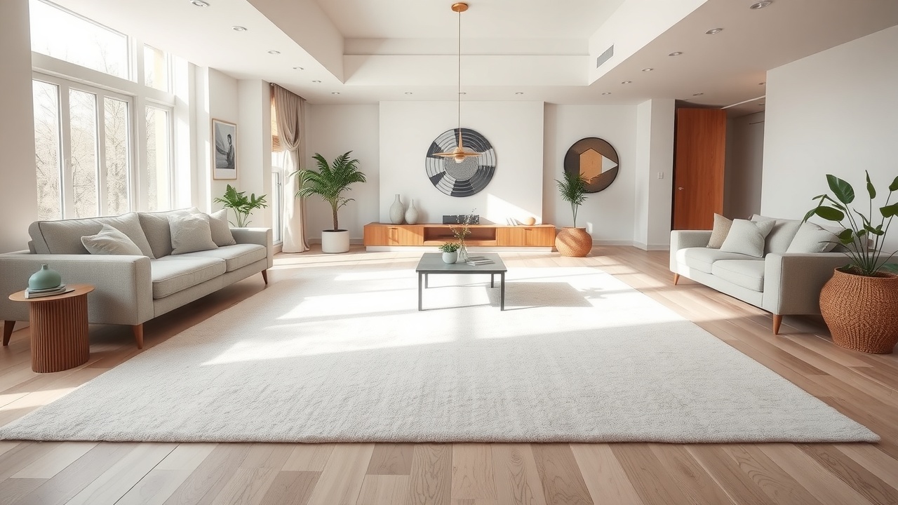 Covor mare în living deschis care amplifică percepția spațiului