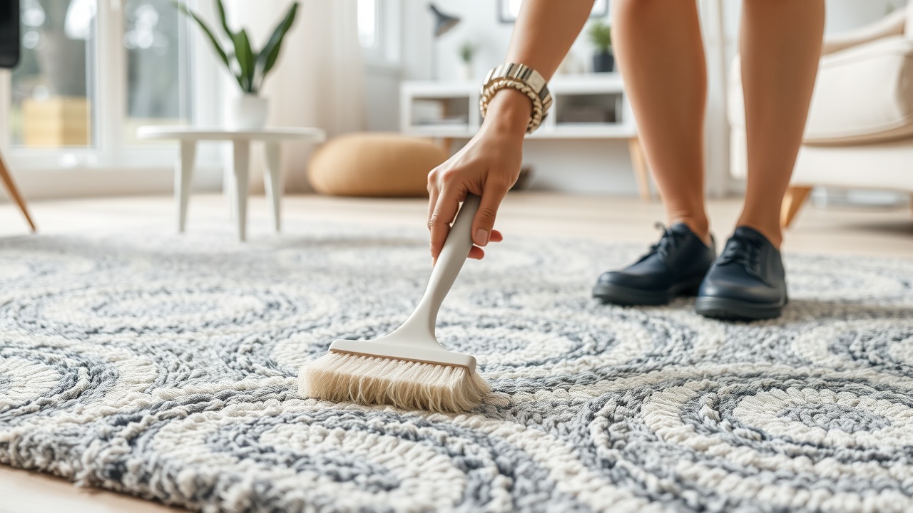 Îngrijire covor living modern — perie moale pe suprafața firelor în lumină naturală