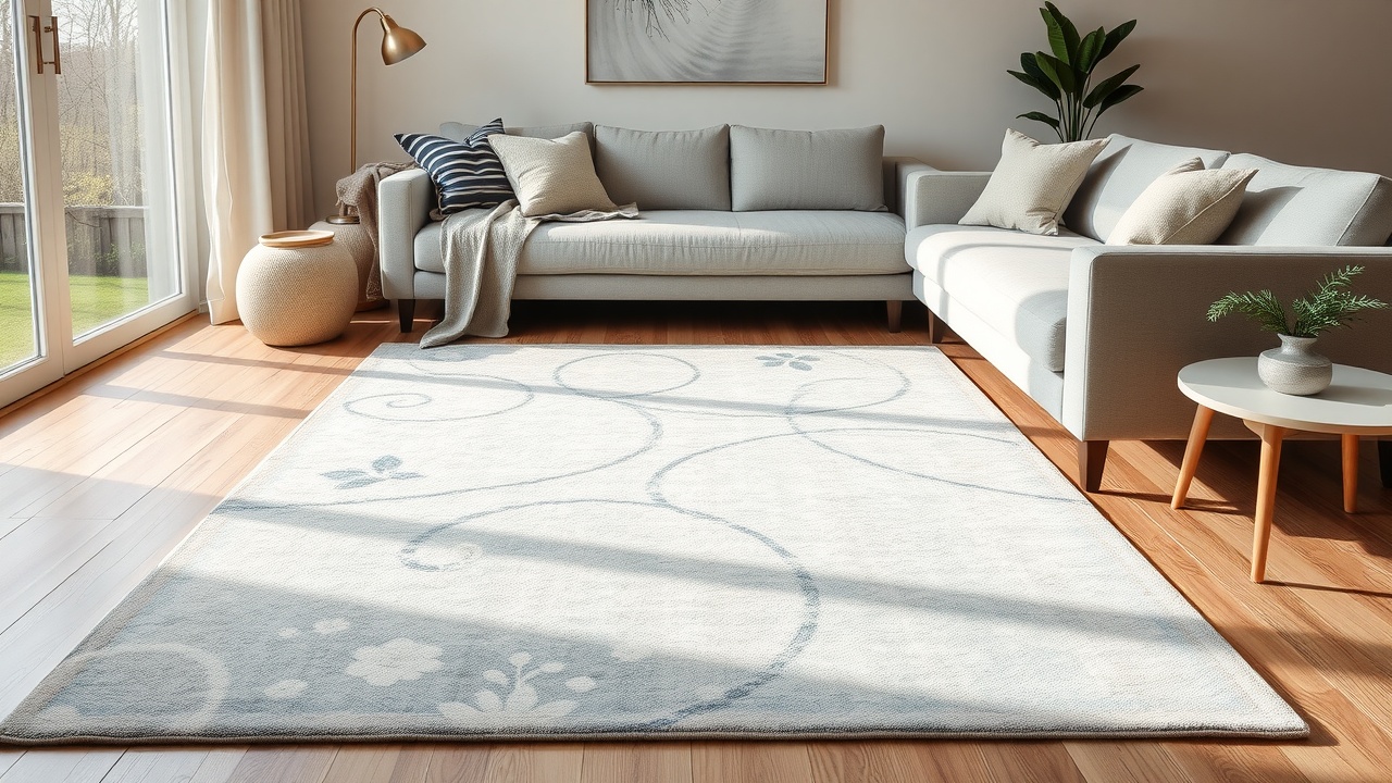 Covor living elegant în tonuri albastre, ideal de cumpărat în perioadele cu reduceri reale