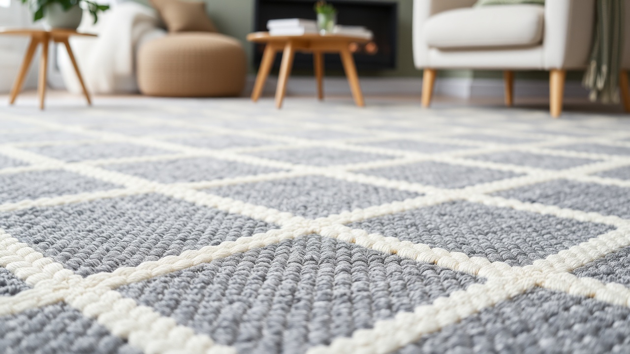 Detaliu covor living Dedeman cu model geometric în gri și fildeș, stil scandinav modern