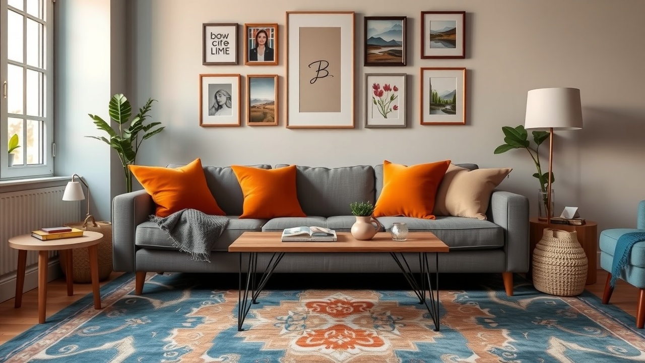Covor living Dedeman în albastru și teracotă combinat cu perne ochre și canapea gri, living cu decor coerent