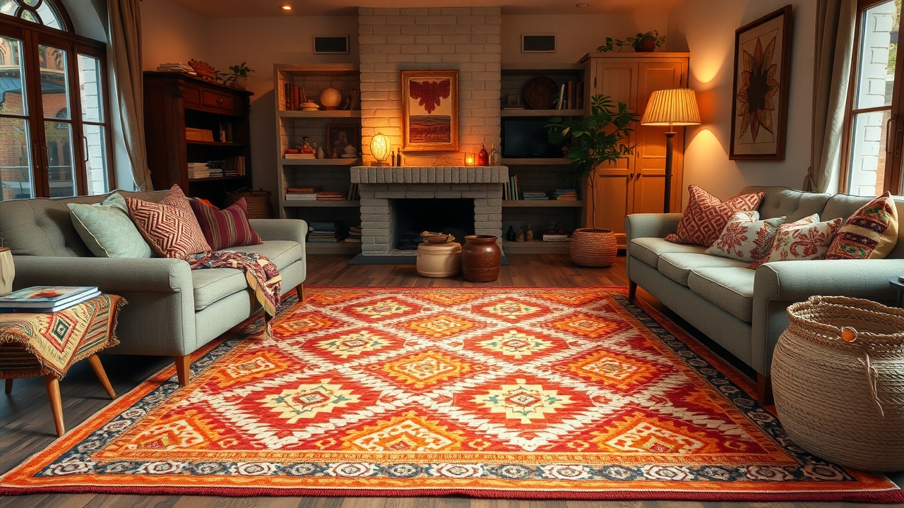 Covor living stil boho cu motive geometrice, interior cald